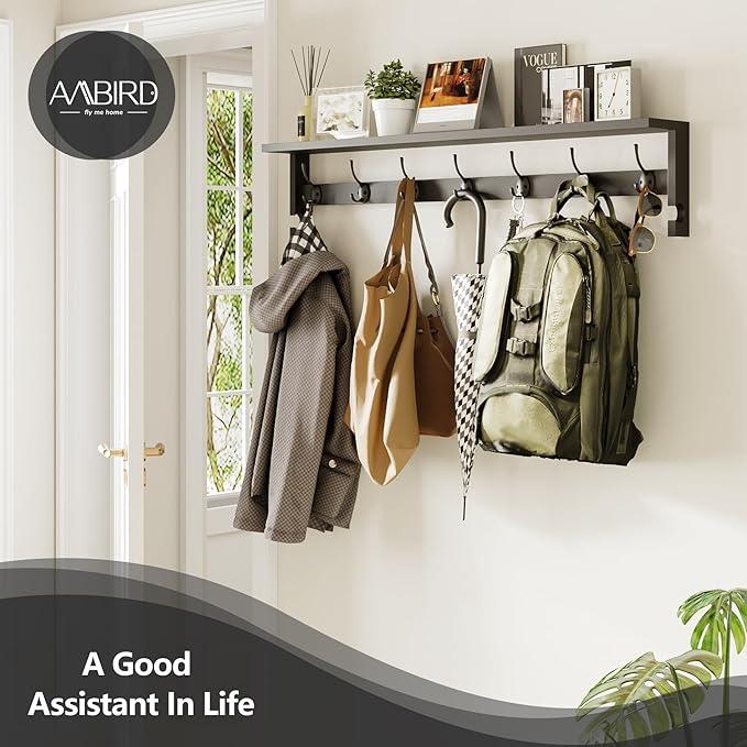 AMBIRD Coat Rack Wall Mount, Wood Coat Hooks with Shelf, Wall Key Holder with Shelf in Entryway, Kitchen, Living Room, Bathroom, Bedroom (Black)