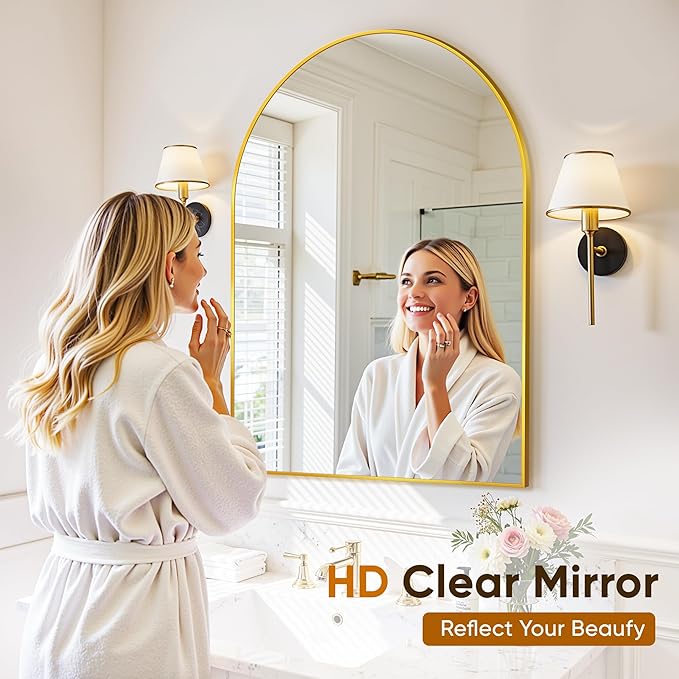 Arched Mirror 24"x36", Bathroom Mirror, Wall Mounted Vanity Mirror with Arch Metal Frame for Bathroom, Over Sink, Bedroom, Living Room, Flat Frame, Gold