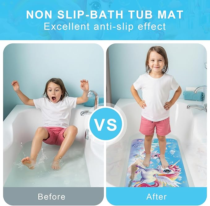 Upgrade Cartoon Baby Bath Mat Non Slip - 40"x16" Extra Long Bathtub Mat for Baby Eco Friendly Durable Bath Mat for Tub Non Slip Kids Tub Mat with Suction Cups, Machine Washable and No Fading, Unicorn