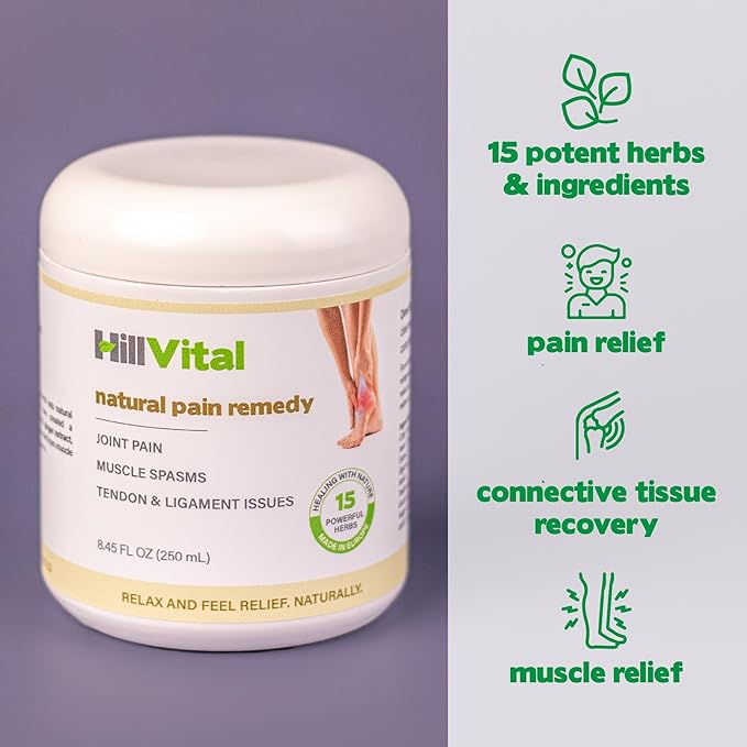 HillVital Joint and Muscle Support – Sore Muscle Relief, Comfort Balm for Aching Joints, Neck, Hands, Feet, Back, Non Greasy Body Rub Sore Muscles Cream, Strong Topical Mixture for Pain Complaints