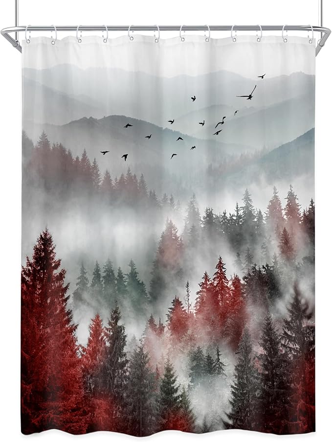 Riyidecor Red Black Mountain Shower Curtain 48Wx72H Inch,Stall Narrow Rv Small Nature Woods,Rustic Landscape Scenery Pine Tree Woodland Cool Bathroom Decor Fabric Polyester Waterproof 12 Pack Hooks