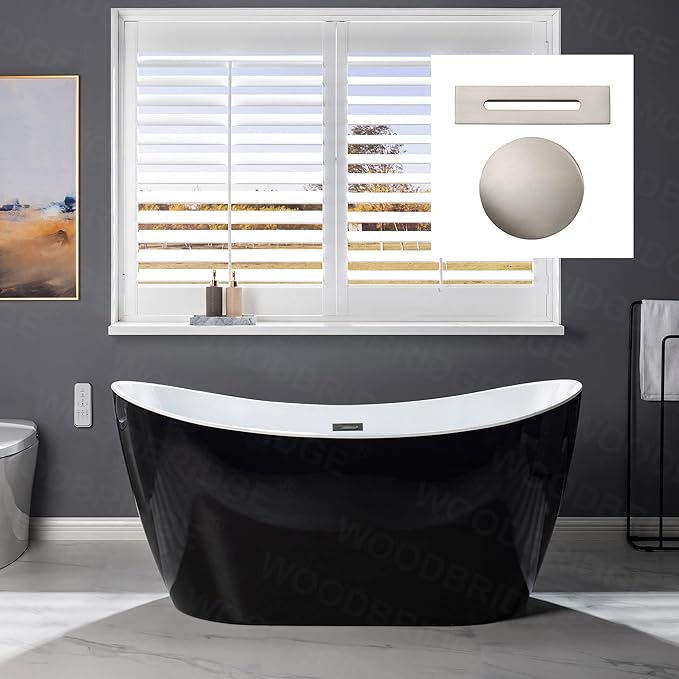 WOODBRIDGE 59" Acrylic Freestanding Bathtub Contemporary Soaking Tub, Black Acrylic(Brushed Nickel Drain/Overflow),BTA1816-BN