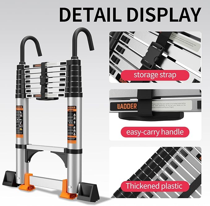Telescoping Ladder,8.5FT Aluminum Multi-Purpose Collapsible Ladder with Stabilizers and Hooks,Jiashche Portable Extension Ladder for RV or Outdoor Work Silver,330lb Max Capacity