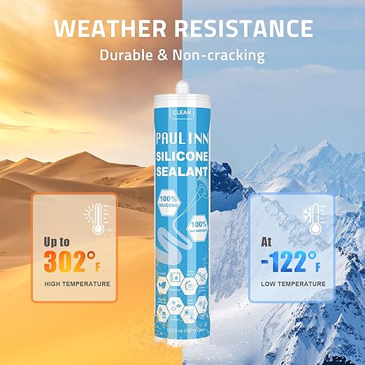 PAULINN Silicone Sealant, 100% Silicone Caulk Clear Waterproof for RV, Kitchen, Bath, General Use, Window, Door, Glass, Marine, 10.2 Oz, 4 Packs