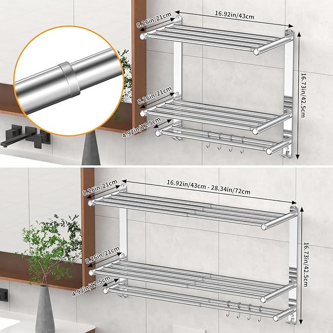 Bathroom Towel Rack with Shelf and Towel Bar, 2-Tier Expandable (16.9 to 28 Inches) SUS304 Stainless Steel, Wall Mounted or Adhesive, 4 Sliding Hooks Rust Resistant, Rounded Corners, Side Guards
