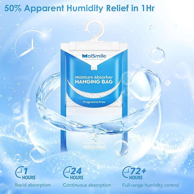 Moisture Absorbers 30 Pack Fragrance Free, Hanging Closet Dehumidifier Bags, Humidity Absorber, Compact Eliminates Odors Humidity Packs for Car, Bathroom, Bedroom, Basement, 9.8OZ