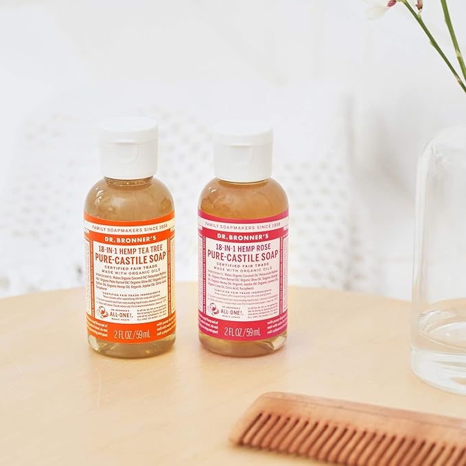 Dr. Bronner's - Pure-Castile Liquid Soap (Rose, 2 ounce) - Made with Organic Oils, 18-in-1 Uses: Face, Body, Hair, Laundry, Pets and Dishes, Concentrated, Vegan, Non-GMO