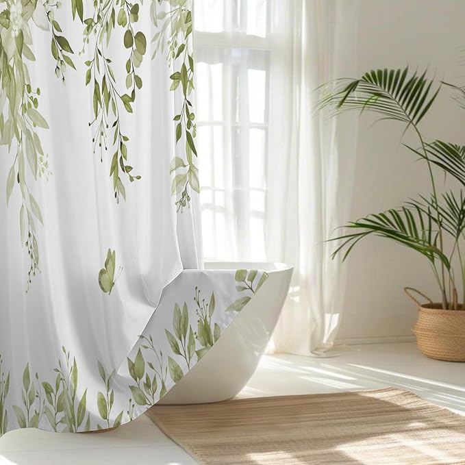 No Hook Shower Curtain and Liner Set, Beige Eucalyptus Floral Shower Curtains for Bathroom, Bath Curtain Sets with Snap in Liner, Waterproof with See Through Top Window, 71x84 Inches