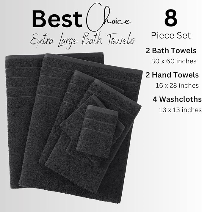 Casa Platino 100% Mercerized Cotton Luxury Bathroom Towels Set - 8 Piece - Ring Spun - 2 Bath, 4 Washcloths, 2 Hand Towels - Remains Soft & Absorbent Even After Multiple Washes - Midnight Black