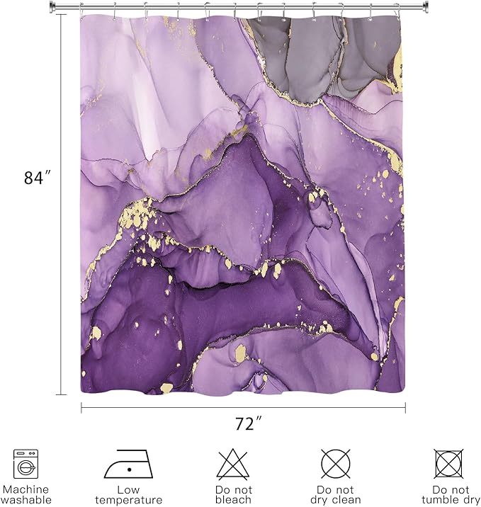 Extra Long Shower Curtain 72 x 84 Inch, Purple Tall Abstract Marble Shower Curtains for Bathroom, Modern Luxury Art Decor Ink Texture Fabric Shower Curtain Set with Hooks