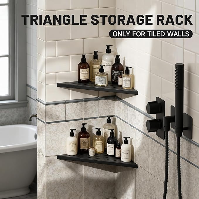 Corner Shower Shelves 10" Matte Black, 2 Pack 304 Stainless Steel Shower Corner Shelf Recessed Slot Design, Wall Mount Triangle Shower Caddy for Bathroom, Kitchen Organization