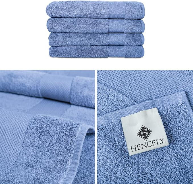 Hencely Premium Bath Towel Set of 4-28x58 Inches - High Absorbency, Quick Drying - 100% Soft Turkish Cotton Towels - Ideal for Home, Bathroom, Hotel, Spa, and Gym - Blue