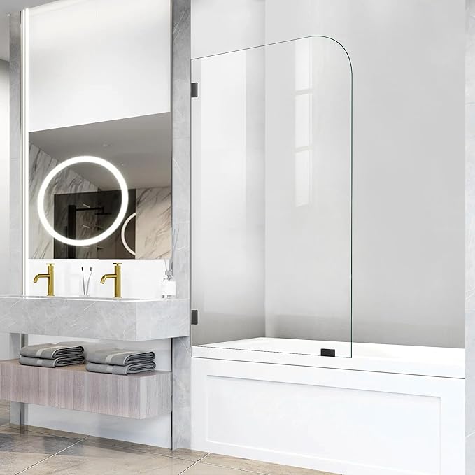 Bathtub Shower Door, 34" W X 62" H Fixed Tub Glass Panel with Clamps, 1/4"(6mm) Clear Tempered Frameless Shower Glass Door, Tub Shower Doors in Matte Black