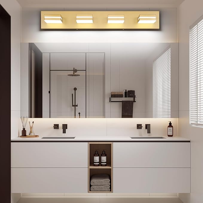 SineRise LED Modern Bathroom Vanity Light Fixtures (4-Light, 30-Inch, Dimmable), Matte Gold Modern Acrylic Bathroom Wall Lighting Fixtures Over Mirror (Cool White 6000K)