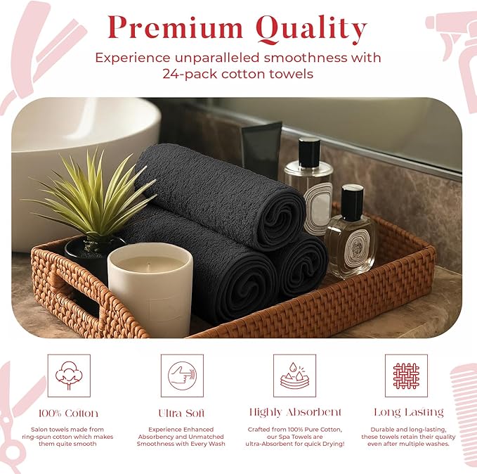 RIVERSIDE Pack of 24 Salon Towels Set – 16 x 26 Inches, 100% Ring Spun Cotton Highly Absorbent and Quick Dry Towels for Salon, Hand, Barber, Gym, Home & Hair Care, Black