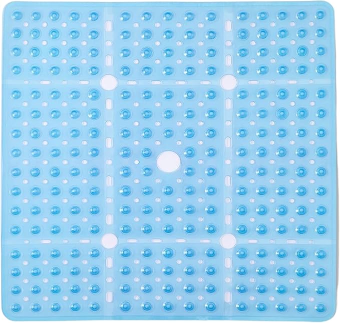 ENKOSI Square Shower Mat 27x27 inch - Anti Slip Bathroom Shower Stall Mats for Shower Floors - Non Slip Square Bath Mat with Strong Secure Suction Cups and Drain Holes in Middle (Clear Blue 27x27)