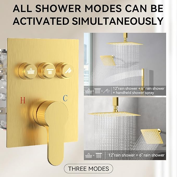 Shower Systems with Rain Shower and Handheld,STARBATH Dual Head 12+6" Rainfall Shower Can Run All Together, Ceiling Mount Shower Faucet Set with Pressure Balance Valve and Trim Kit, Brushed Gold