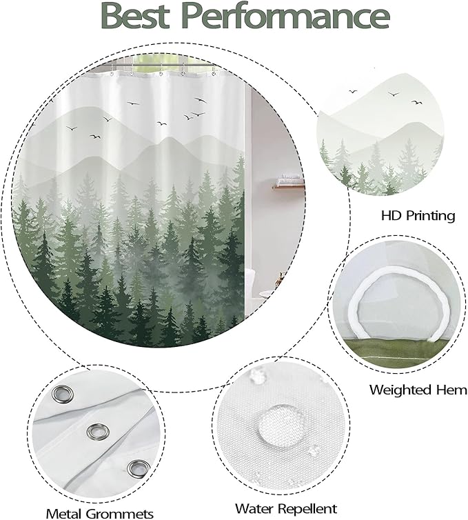 Aipon Green Misty Forest Shower Curtain Ombre Nature Tree Plants Shower Curtains Fabric Waterproof Mountain Shower Curtain Sets for Bathroom Bath Decor with 12 Hooks (Green, 72'' × 72'')
