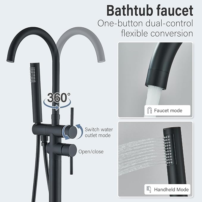 Freestanding Bathtub Faucet Matte Black Floor Mounted Tub Filler with Hand Shower 360 Degree Swivel Standing Spout Brass High Flow Mixer Taps