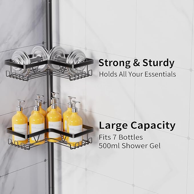 KEGII Corner Shower Caddy Tension Pole, Adjustable Bathroom Organizer Shelf with Toothbrush Holder, Floor to Ceiling Shower Organizer 25-114.2 Inch, Bathtub Storage Rack for Renters, Family