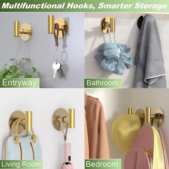 Gold Stainless Steel Wall Hooks, Heavy Duty Self-Adhesive Hooks for Coats, Towels, Robes, Hats, Aprons – No Drill Bathroom, Kitchen, Hotel (2 Pack)