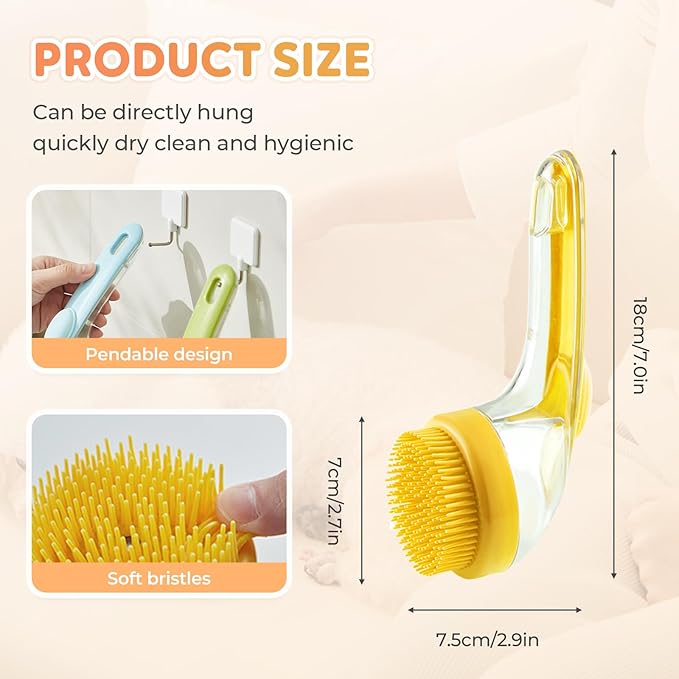Pet Bath Brush with Shampoo Dispenser, Dog Bath Brush and Grooming Massage Brush for Dogs & Cats, Easy Dog Washing Brush for Short and Long Hair, Coarse and Fine Teeth 2pcs (Yellow)