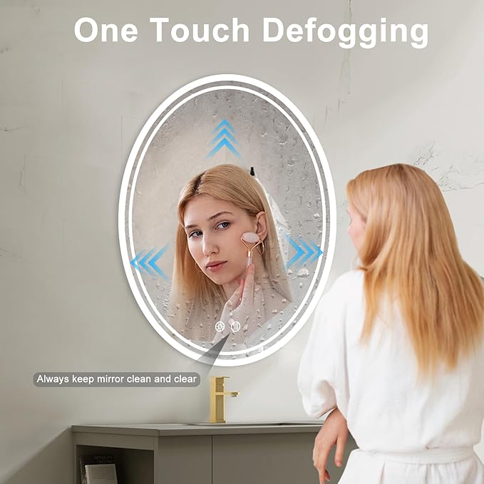 28 x 20 inch Oval LED Bathroom Mirror Anti-Fog 3 Colors Light Dimmable Wall Mounted Lighted Bathroom Vanity Mirror Memory Makeup Mirror Touch Switch