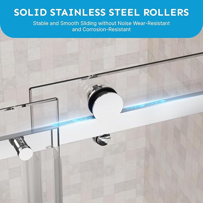 48" x 72" Frameless Sliding Shower Door, (1/4") Tempered Glass, Heavy-Duty 304 Stainless Steel Hardware, Adjustable 46-48" Width, Silent φ45 Rollers & 6" Handle, No-Leak F-Type/Bubble Seals