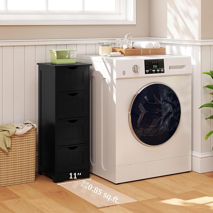 Tangkula Bathroom Floor Cabinet, Freestanding Narrow Side Storage Organizer with 4 Drawers, Multifunctional Towel Cabinet with Anti-Tip Kit for Living Room Laundry Entryway (4 Drawers, Black)