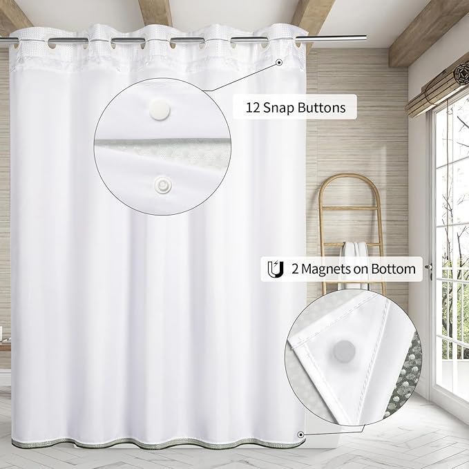 MitoVilla Emerald Green Ombre Long Shower Curtain Liner Set 72 x 80, No Hooks Needed 80 inch Long Heavyweight Waffle Fabric Shower Curtain Set with Snap-in Liner for Hotel Bathroom Decor