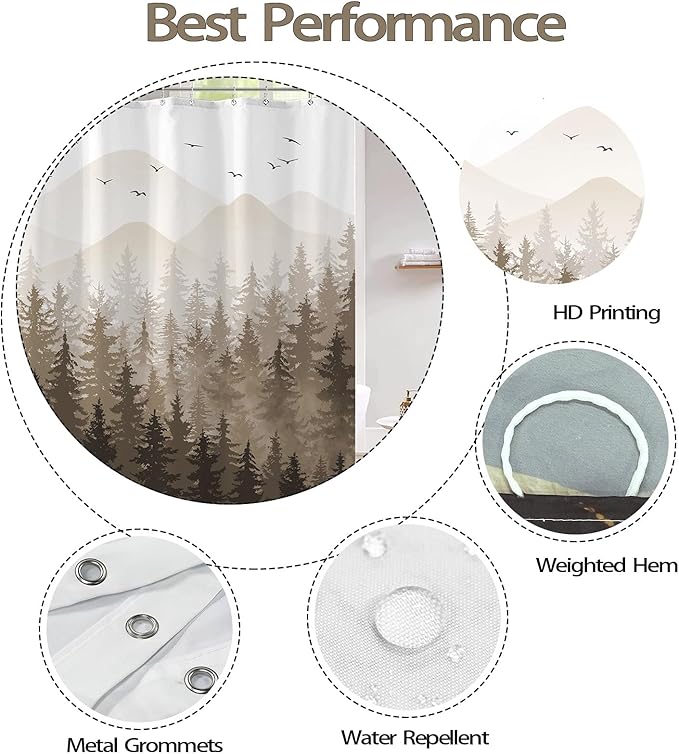 Aipon Brown Misty Forest Shower Curtain Ombre Nature Tree Plants Shower Curtains Fabric Waterproof Mountain Shower Curtain Sets for Bathroom Bath Decor (Brown, 36'' × 72'')