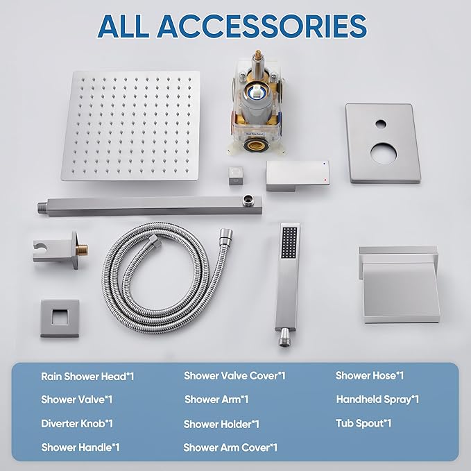 Tub Shower System, All Metal Tub Shower Faucet Set with 12" Rain Shower Head and Handheld Spray combo, Wall Mounted Shower Systems with Tub Spout, Valve and Trim Kit, Brushed Nickel