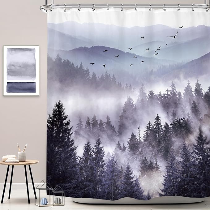 Riyidecor Purple Mountain Shower Curtain 72Wx72H Inch Nature Scenery Landscape Rustic Pine Tree Misty Foggy Mountain View for Mens Natural Bathroom Decor Fabric Polyester Waterproof 12 Pack Hooks