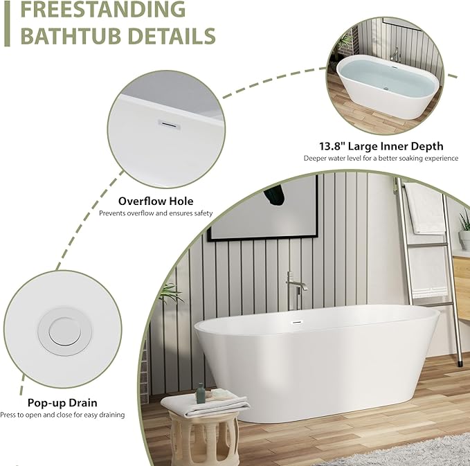 63" Acrylic Freestanding Bathtub - Mocoloo Modern Elegant Soaking Bathroom Tub Stand Alone, Matte White, Overflow and Stainless Offset Drain