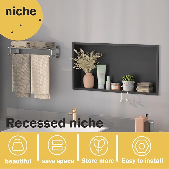 Shower Niche 24"x12"，No Tile Needed，Stainless Steel Niche Bathroom for Shower Wall，Matte Black （ 24 x 12 in）
