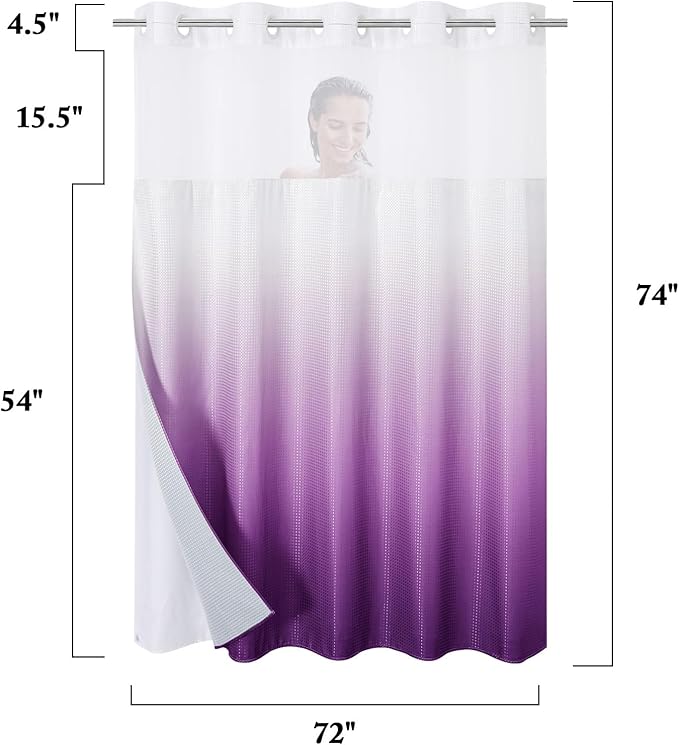 Gibelle No Hook Waffle Weave Shower Curtain with Snap-in Fabric Liner Set for Bathroom, Hotel Style with Mesh Top Window, Waterproof & Washable, Ombre Purple, 72x74