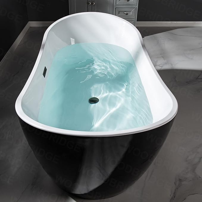 WOODBRIDGE 71" Acrylic Freestanding Bathtub Contemporary Soaking Black Tub with Matte Black Overflow and Drain,Black,B1817-MB