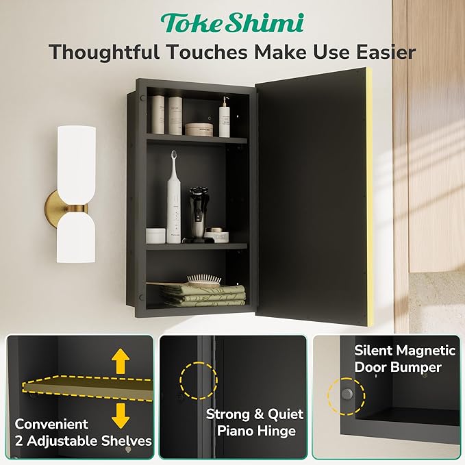 TokeShimi 36x24 Bathroom Mirror with Storage Beveled, Gold Recessed Medicine Cabinet with Mirror Aluminum, Surface Mounted Metal Medicine Cabinets for Bathroom Vanity Wall