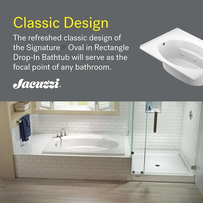 Jacuzzi SIGNATURE Acrylic Drop-In Bathtub, Jet Massage Tub, Slip Resistant, Right Drain Placement, 72" (L) x 42" (W), Oval In Rectangle, White
