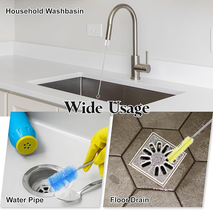 HARFINGTON 3pcs Flexible Long Drain Brush Straw Cleaner Set 61.02" Stainless Steel Double Ended Hose Brush with 8" Nylon Long Tube Pipe Cleaning for Fish Tank Sink Pipe, Yellow