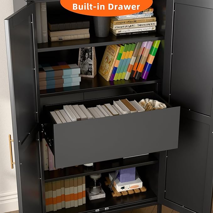 73'' Tall Metal Arched Cabinet, Modern Black Arch Bookshelf Display Cabinet with Doors/Shelves/Internal Drawers for Home Office Kitchen Bar Living Room
