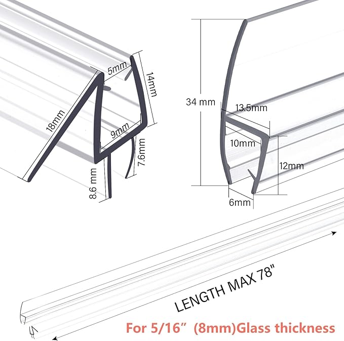 Shower Door Bottom&Side Seal Set 3PCS, 78" (1981mm) Length H-Type PVC Strip for 5/16" (8mm) Thick Frameless Glass Door, to Stop Water Leaks