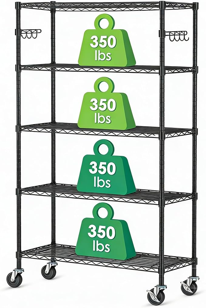 5 Tier Storage Shelves with Wheels Wire Rolling Garage Shelving Rack Organizer Heavy Duty Metal Unit Adjustable Utility Commercial Sturdy Shelves for Kitchen Garage Pantry Bathroom Closet Laundry