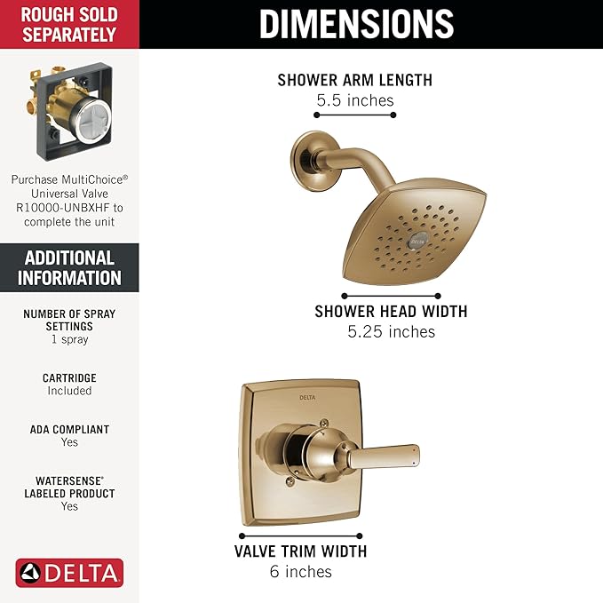 Delta Ashlyn 14 Series Shower Faucet Set, Brushed Gold Shower Head and Handle Set, Valve Trim Kit Champagne Bronze T14264-CZ (Valve Not Included)