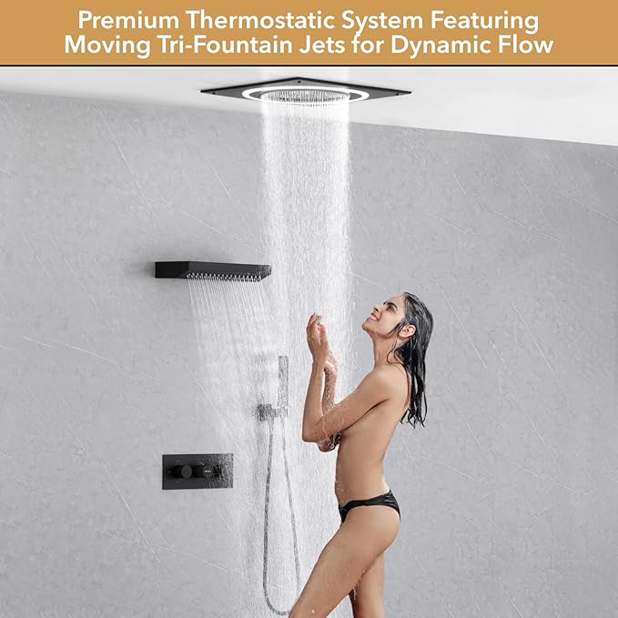VANFOXLE Shower Faucet Set Matte Black Shower System,Shower Faucet with 2 in 1 Handheld,Ceiling Mount 19 Inch Shower Head+14 Inch Shoulder massager