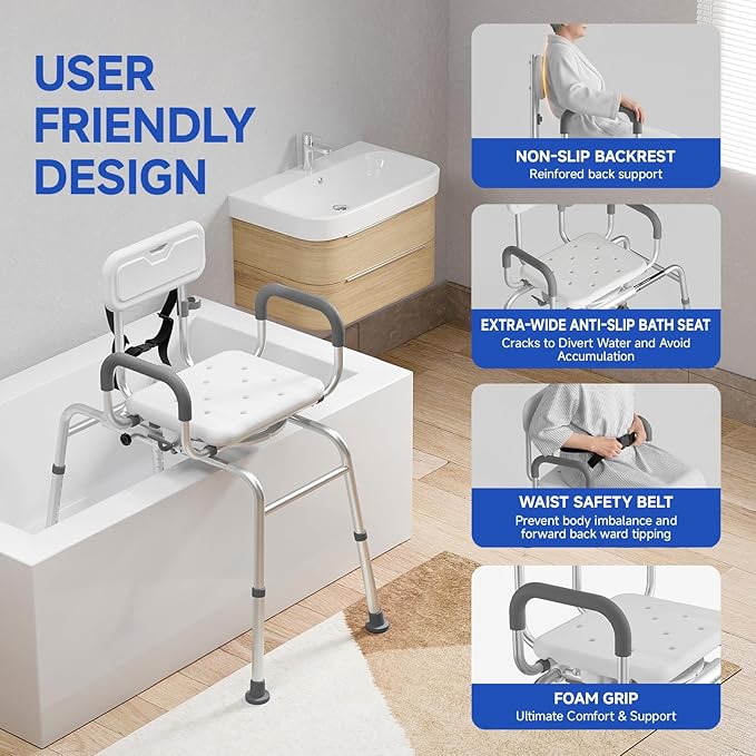 Sliding Shower Chair with Swivel Seat, Tub Transfer Bench for Elderly & Disabled, Adjustable Shower Chair with Arms & 350lb Capacity