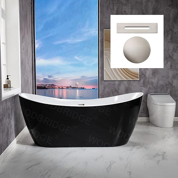 WOODBRIDGE 71" Acrylic Freestanding Bathtub Contemporary Soaking Black Tub with Brushed Nickel Overflow and Drain,Black,B1817-BN