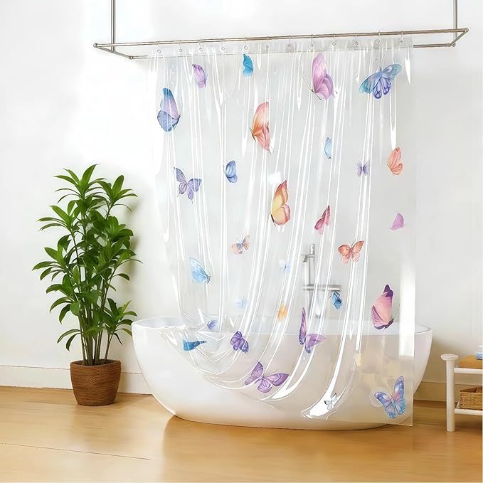 Clear Butterfly Shower Curtain Liner, Colorful Plastic Transparent Pretty Shower Curtains for Bathroom, 72x72 Weighted Magnetic Shower Curtain Set with 12 Hooks