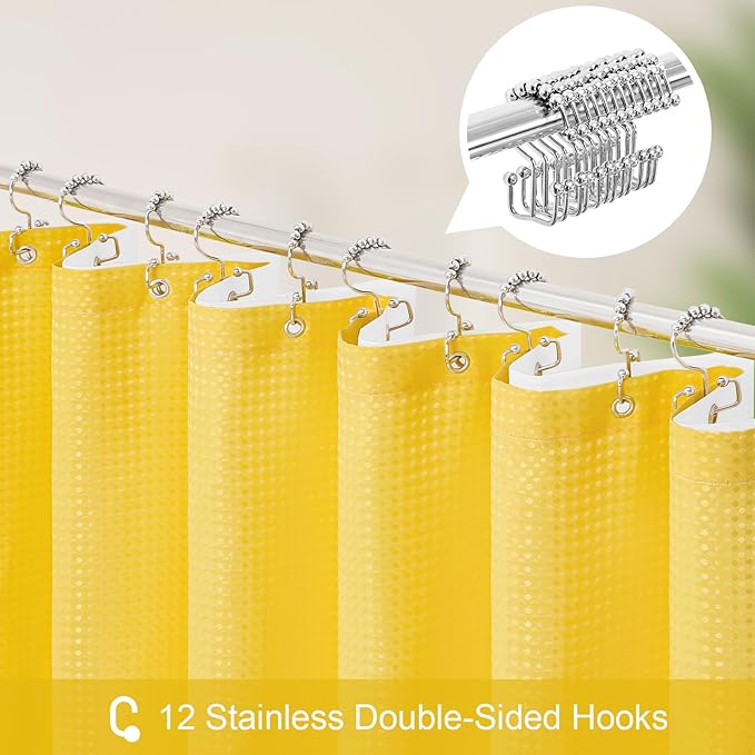 3 in 1 Stall Half Size Yellow Shower Curtain Set-36 W x 72 H, Modern Waffle Waterproof Fabric and PEVA Liner Set with Stainless Steel Hooks