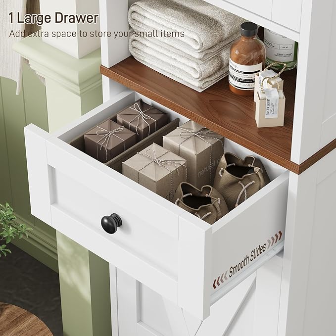 67" H Tall Bathroom Cabinet, Narrow Storage Cabinet with 2 Barn Doors and 1 Drawer, Freestanding Floor Cabinets with 5 Shelves and Open Storage Shelf for Bathroom, Living Room, Kitchen, White